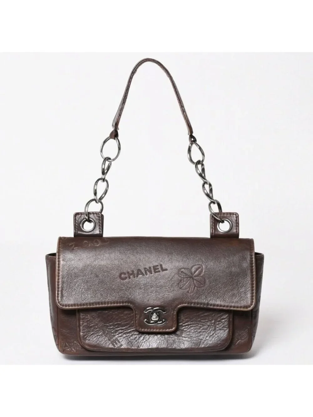 Chanel Chain Shoulder Bag Icon Motif Cruise Line Brown Silver
